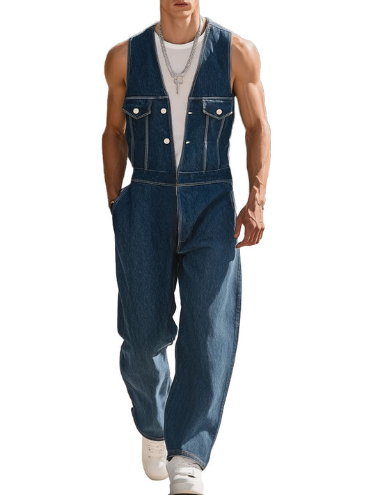 Men's Navy Double Pocket Casual Jumpsuit