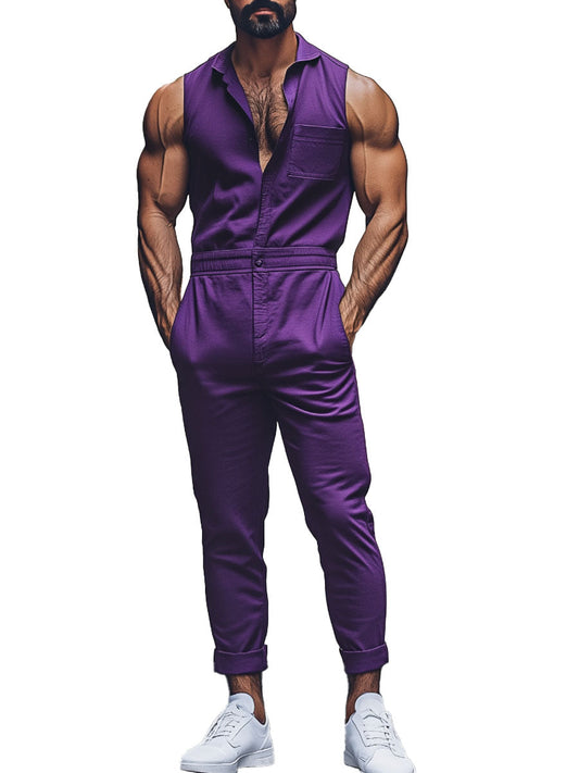 Men's Purple Cotton Sleeveless Casual Jumpsuit
