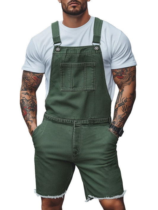 Men's Denim Distressed Lace-Up Double Pocket Short Overalls