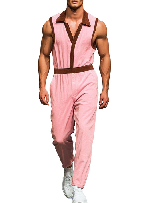 Men's Contrast Suede Sleeveless Jumpsuit