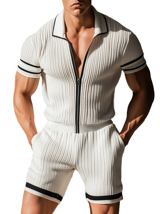 Fashion Breathable Lapel Zipper Knitted Short Sleeve Jumpsuit