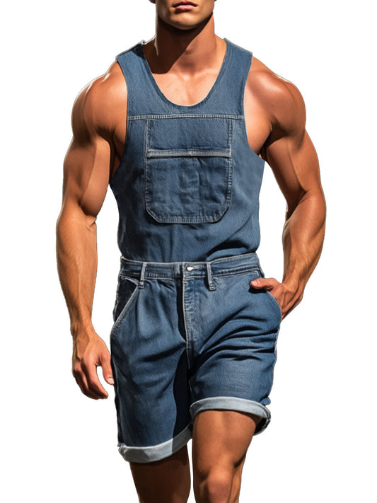 Men's Vintage Sleeveless Multi-Pocket Denim Jumpsuit