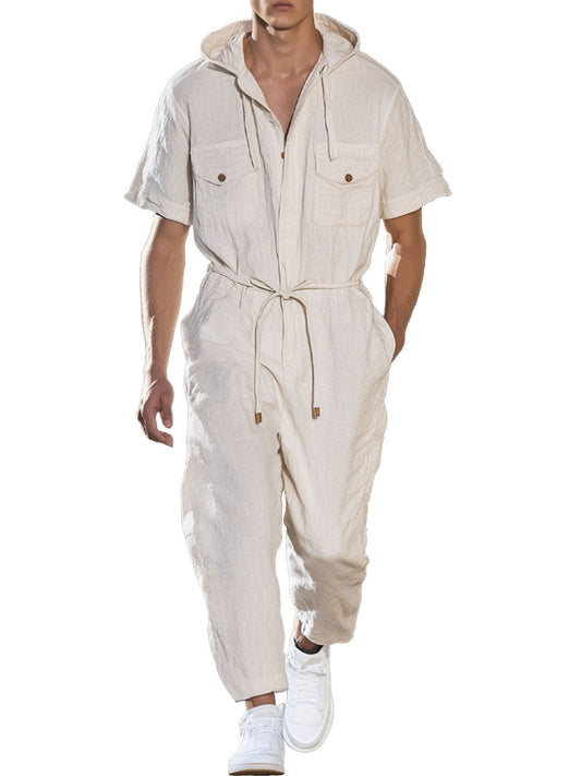 Men's Cotton Hooded Tie-Down Multi-Pocket Jumpsuit