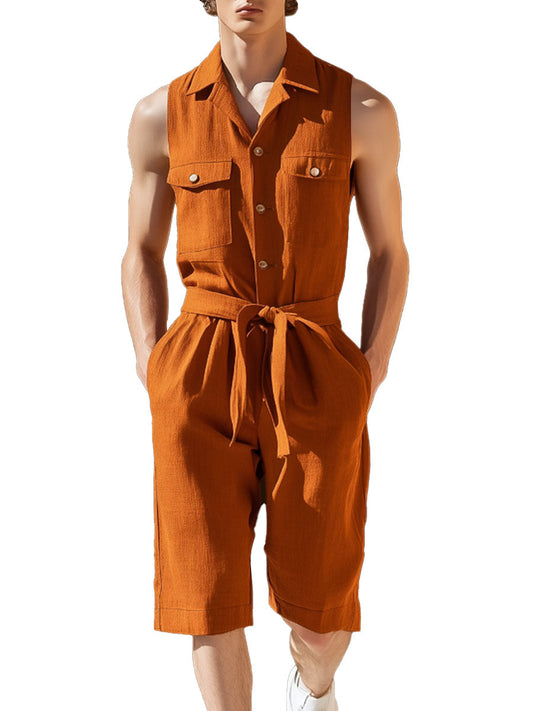 Men's Orange Cotton and Linen Multi-Pocket Shorts Jumpsuit