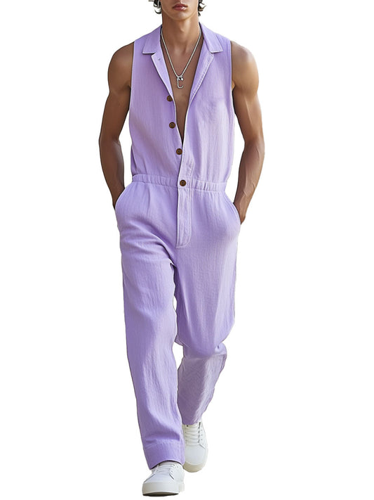 Men's Purple Cotton And Linen Sleeveless Wide-Leg Jumpsuit