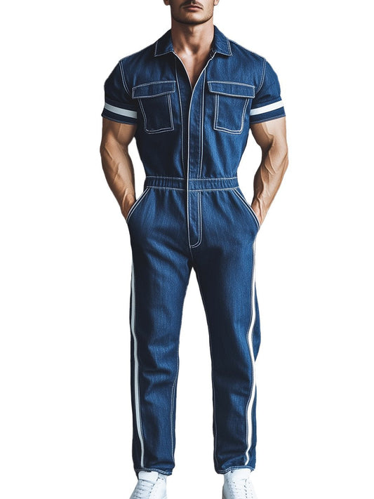 Fashion Retro Short Sleeve Denim Jumpsuit
